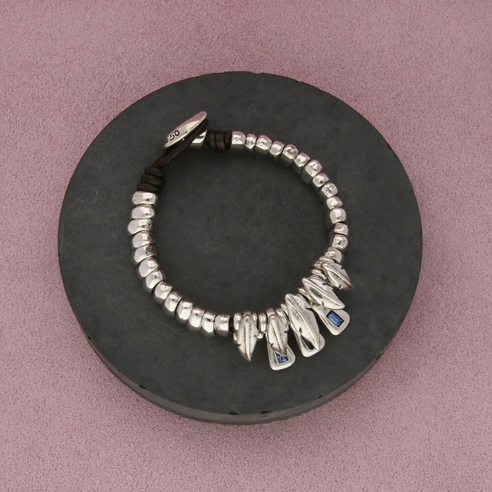 uno de 50 silver plated blue crystal feathers leather bracelet size 7in